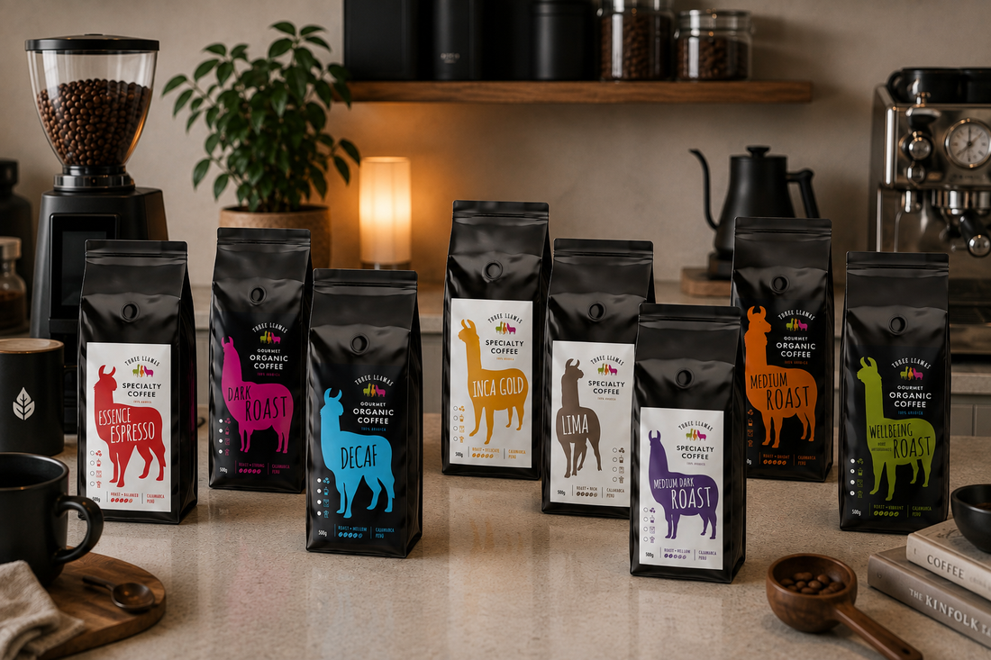 three llamas coffee roasts on bench in modern kitchen 