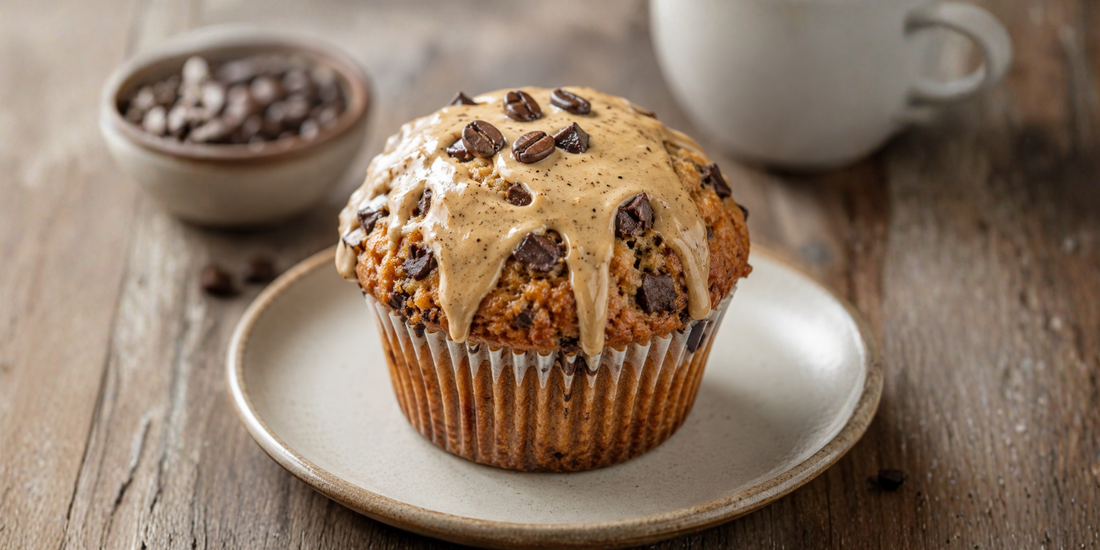 Cappuccino chocolate chip muffin on a plate with espresso glaze