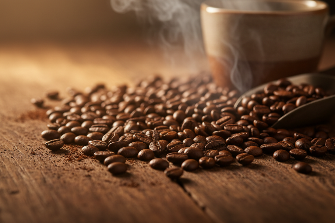 Roasted Coffee beans with a scoop lightly smoking on a natural wood surface with a cup of coffee in the background